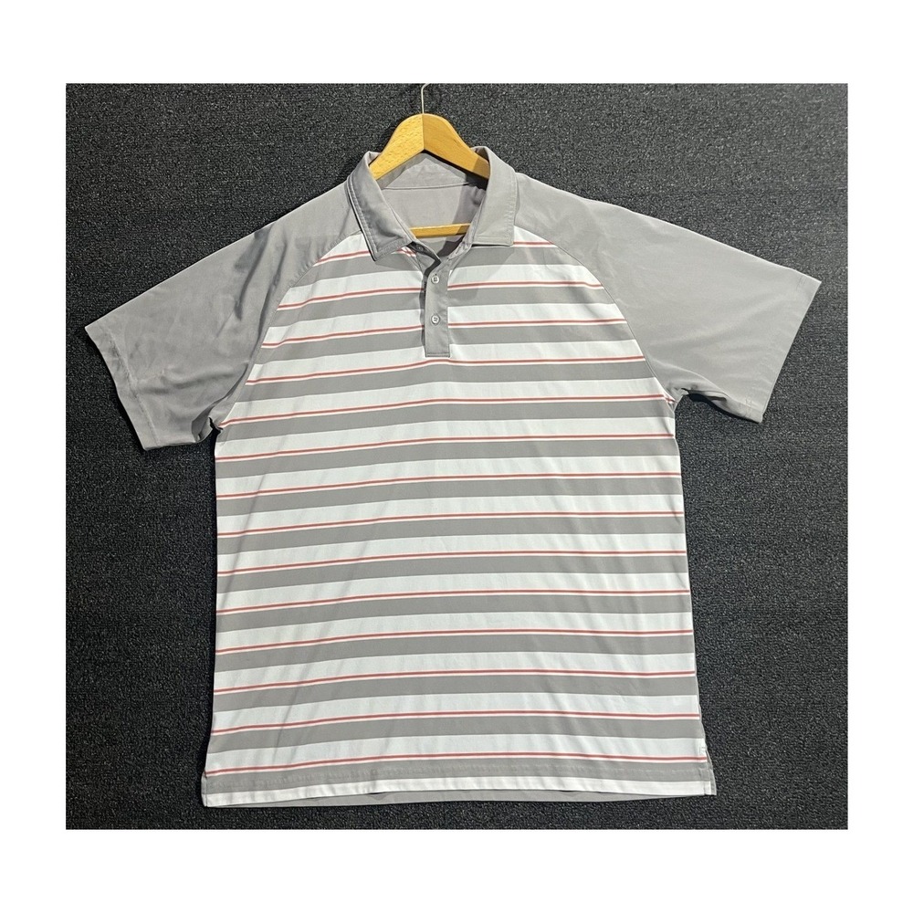Mens XL Gray White Red Stripe Short Sleeve Golf Polo Shirt Polyester